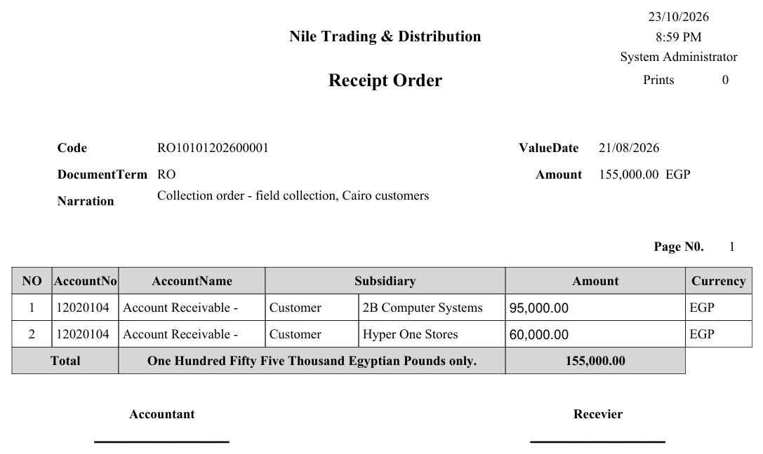Receipt order form (SYSF-ACC010)
