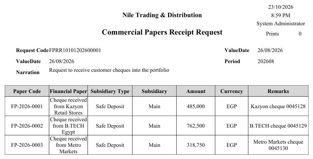 Commercial papers receipt request form (SYSF-ACC013)