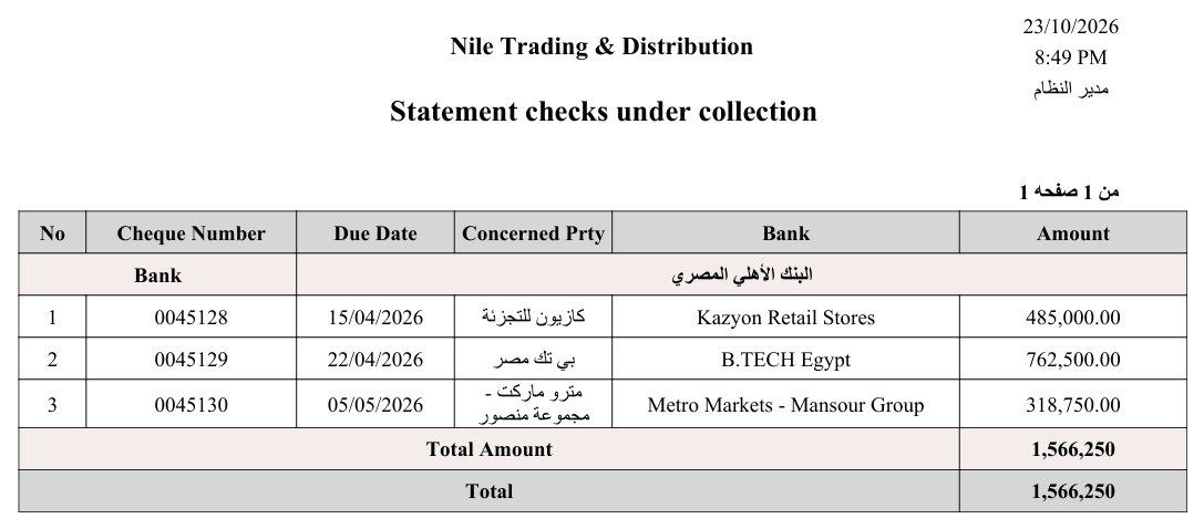 Cheques under collection sample (SYSR-BNK002)