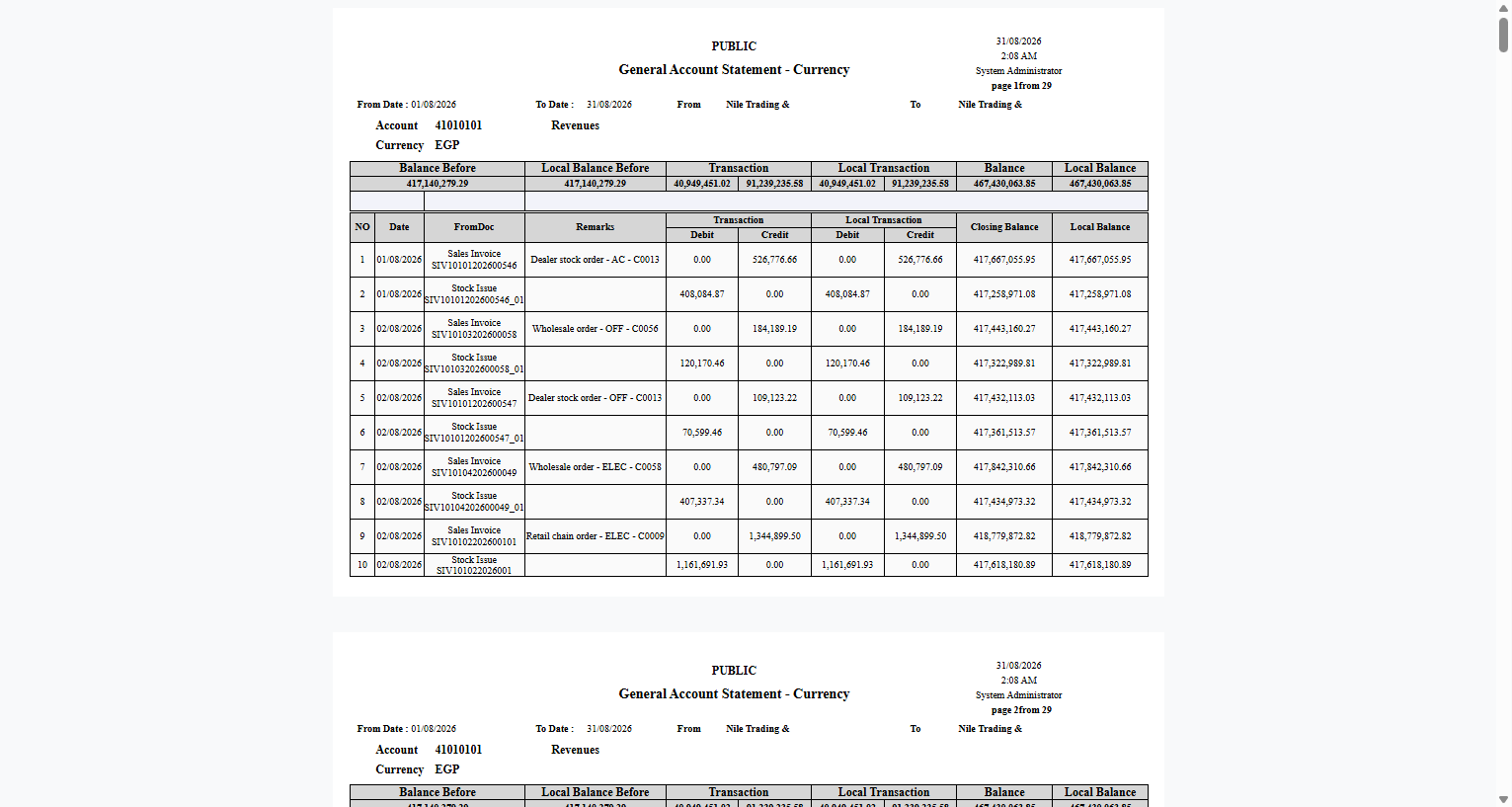 General account statement sample