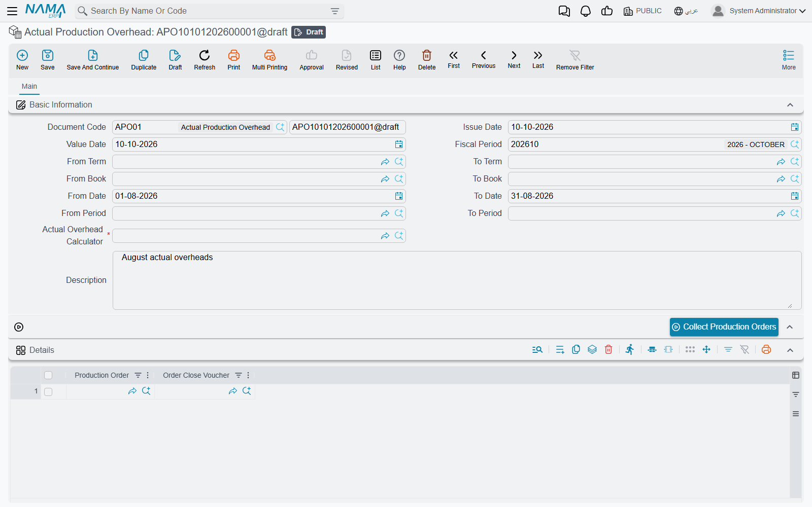 An Actual Production Overhead document with its date range and Collect Production Orders button