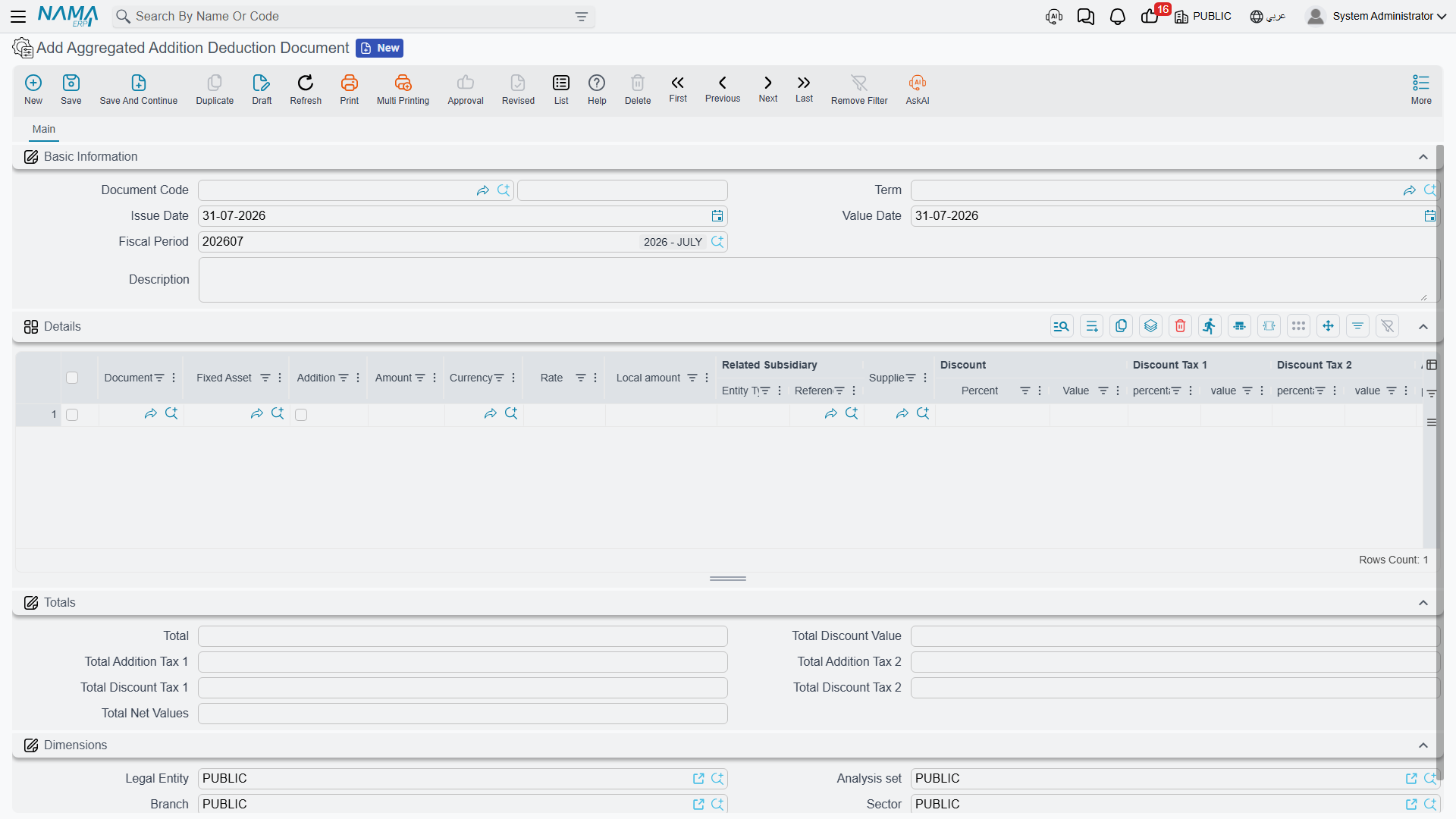 The aggregated addition deduction document — one grid line per asset
