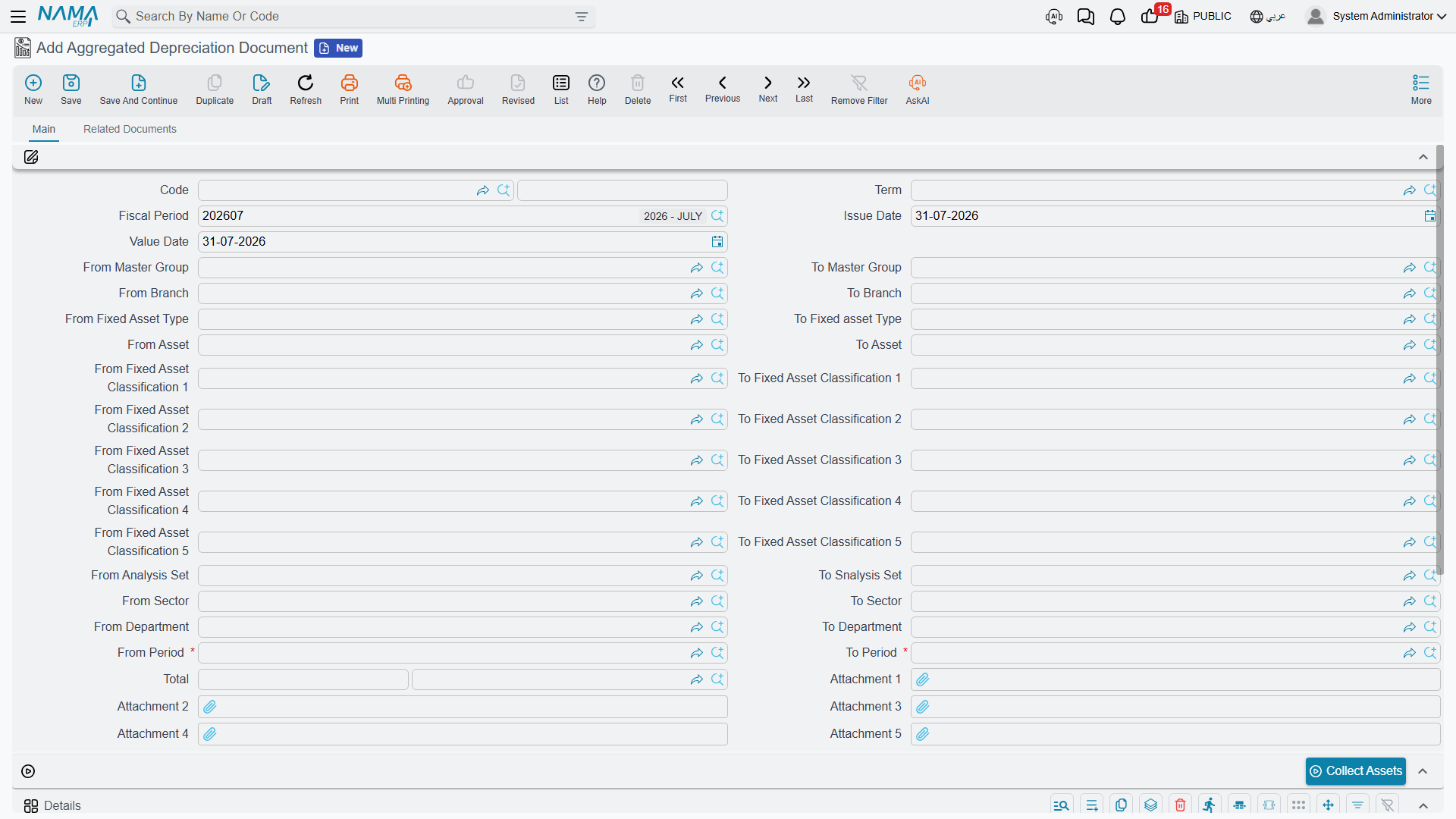 The aggregated depreciation document — the From Period / To Period pair above the usual filter block
