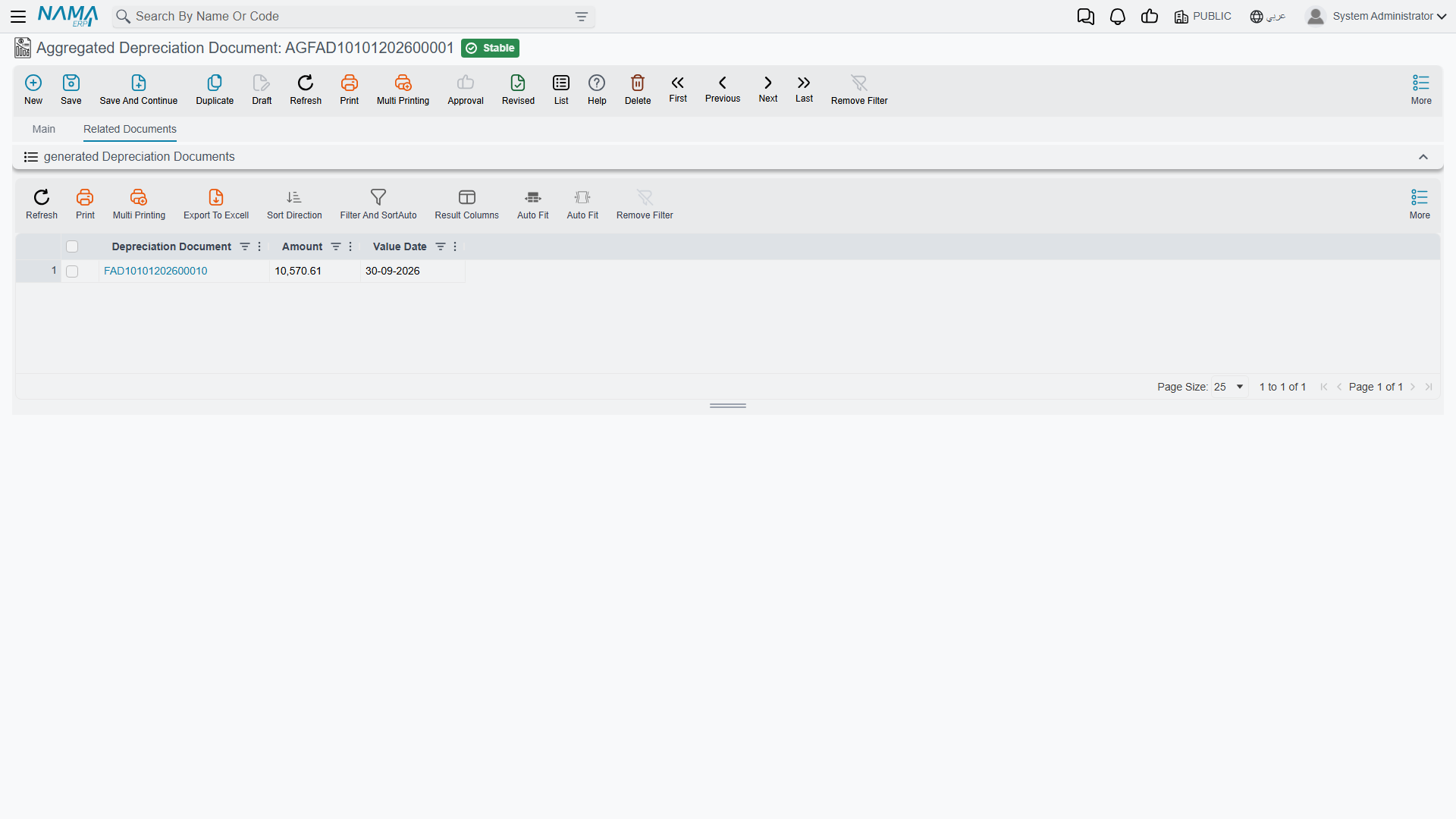 The Related Documents tab — the depreciation documents this aggregate generated