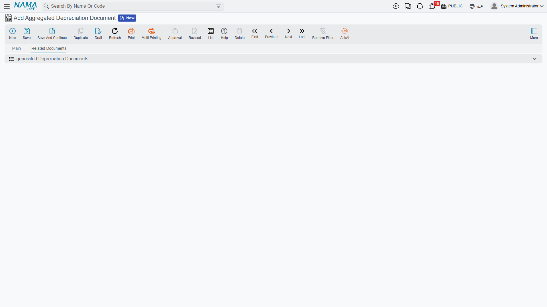 The Related Documents tab — the depreciation documents this aggregate generated