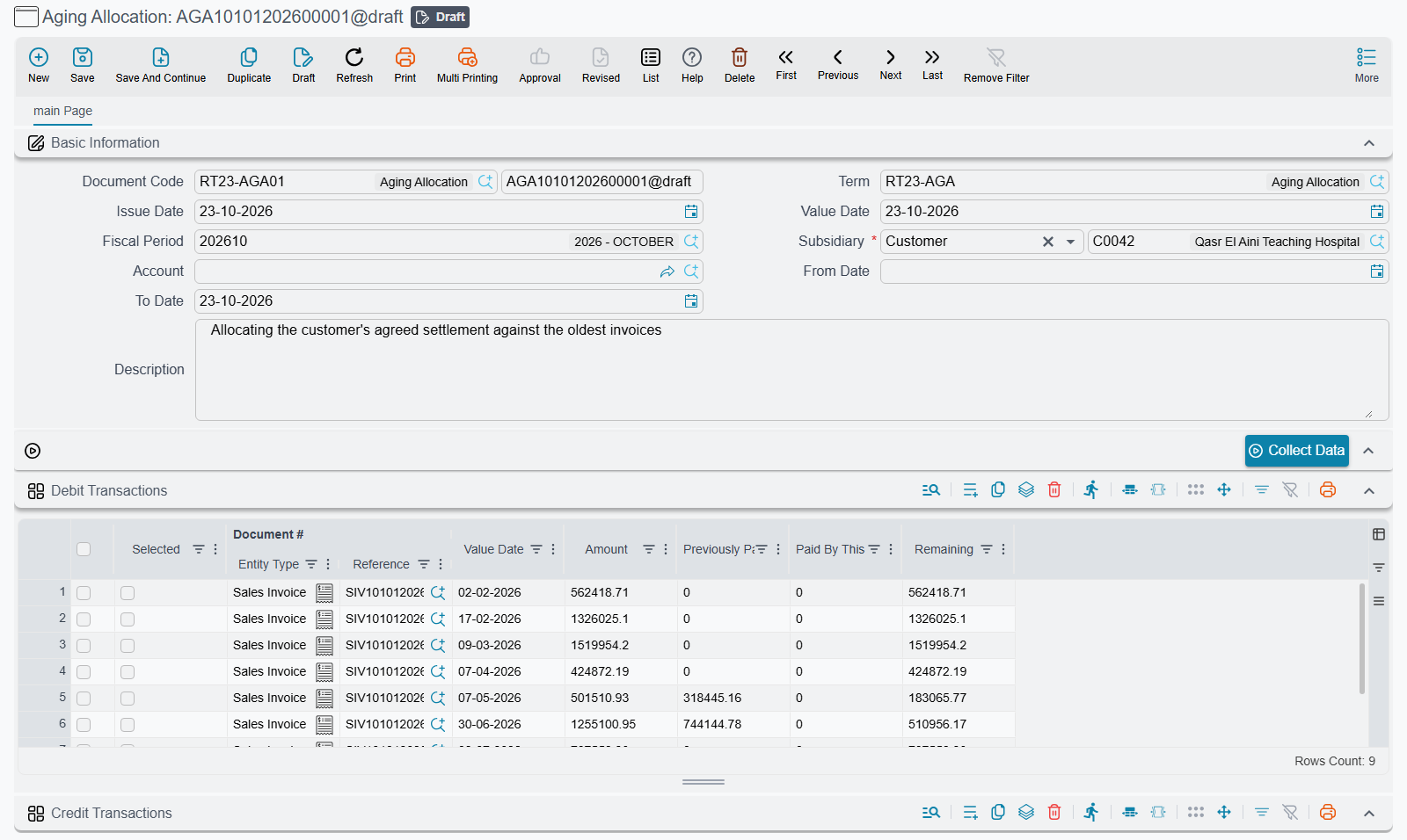 Aging Allocation after Collect Data: the customer's open invoices fill the Debit Transactions grid, oldest first