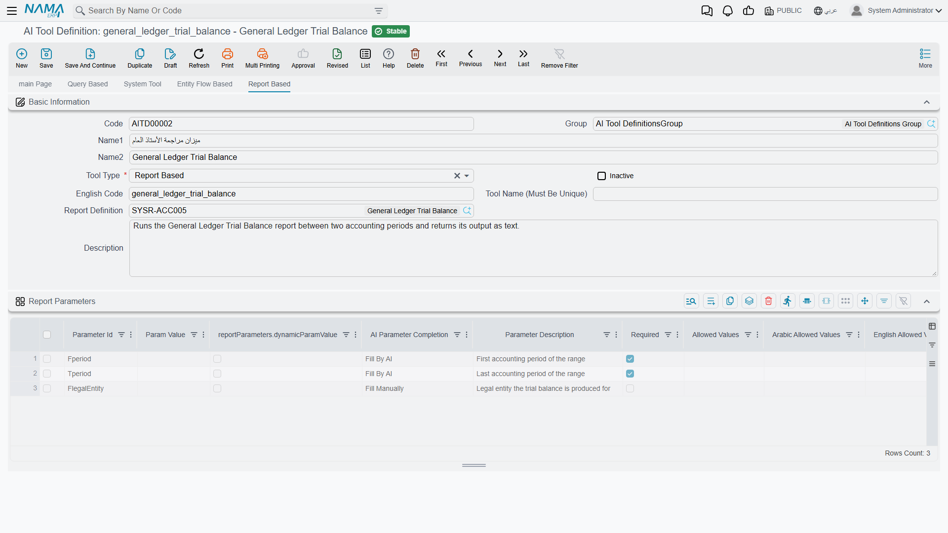 The Report Based page and the report parameters grid