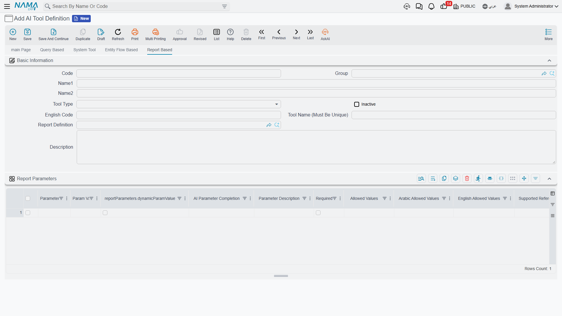 The Report Based page and the report parameters grid