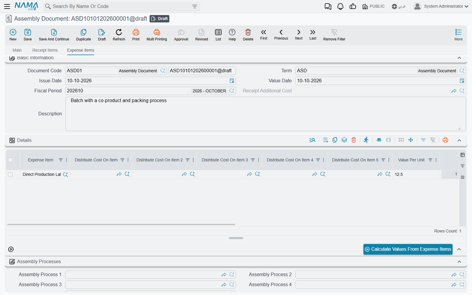 The Expense items tab: expense lines and an assembly process line