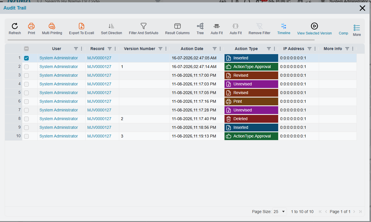 The Audit Trail popup