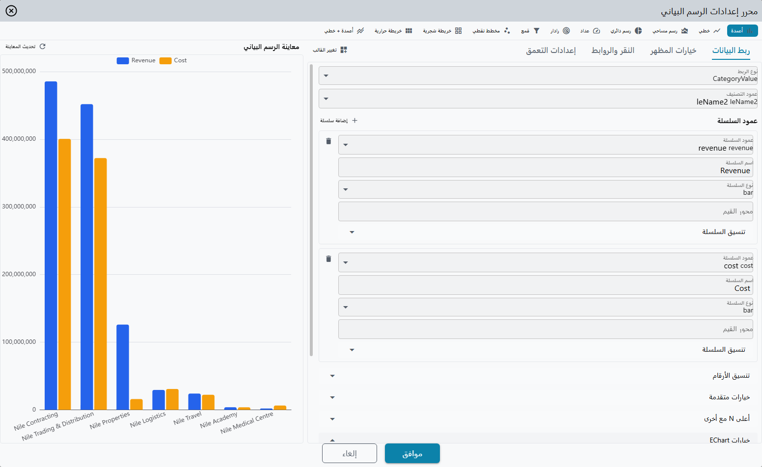 محرر إعداد المخطط: شريط أيقونات أنواع المخططات في الأعلى، وصف التبويبات (Data Mapping وStyle Options وClick & Links وDrill-Down Mapping) مع زر Change Template، ونموذج الربط على جانب ومعاينة حية لمخطط الأعمدة على الجانب الآخر