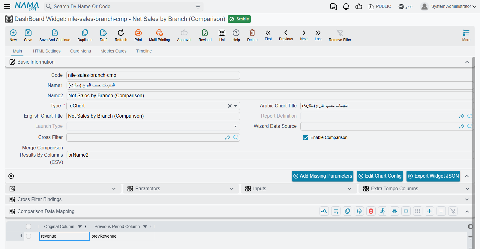 The widget record with Enable Comparison ticked, a merge key, and a Comparison Data Mapping grid pairing the original revenue column with its previous-period counterpart