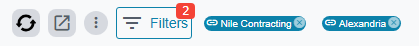 The dashboard toolbar with the Filters button carrying a count badge of 2, followed by two removable filter chips reading Nile Contracting and Alexandria