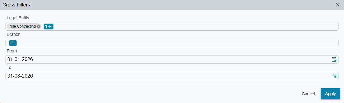 The Cross Filters dialog with rows for Legal Entity holding a Nile Contracting chip, Branch, and the From and To date fields, with Cancel and Apply