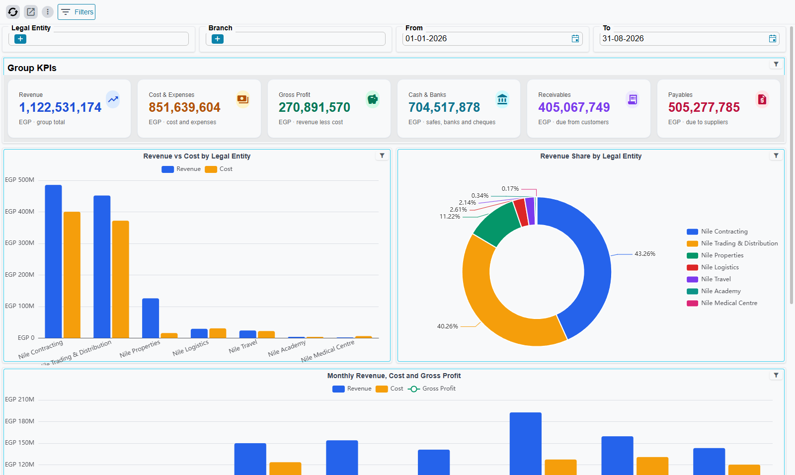 The Group Overview dashboard: toolbar with Filters button, a row of four slicers (Legal Entity, Branch, From 01-01-2026, To 31-08-2026), the six-card Group KPIs strip, and a Revenue-vs-Cost bar chart beside a Revenue-Share donut, with the monthly combo chart starting below