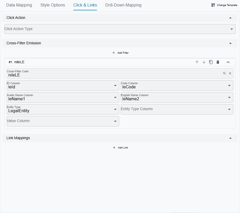 The Click & Links tab with one cross-filter emission entry expanded, showing the cross-filter code, the id, code and name column bindings, and an entity type of Legal Entity, above an empty Link Mappings section