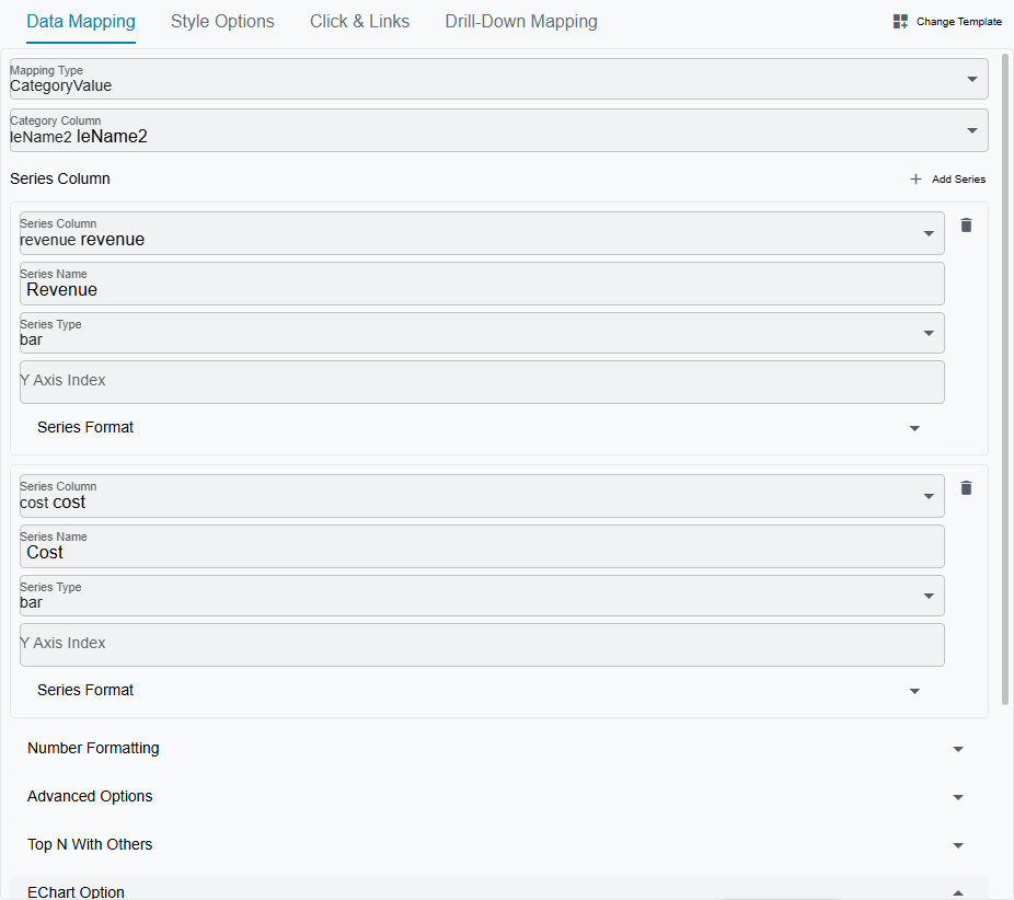 The Data Mapping tab: Mapping Type CategoryValue, Category Column leName2, two series blocks (revenue as Revenue, cost as Cost) each with its series type and format, and collapsed Number Formatting, Advanced Options, Top N With Others and EChart Option sections