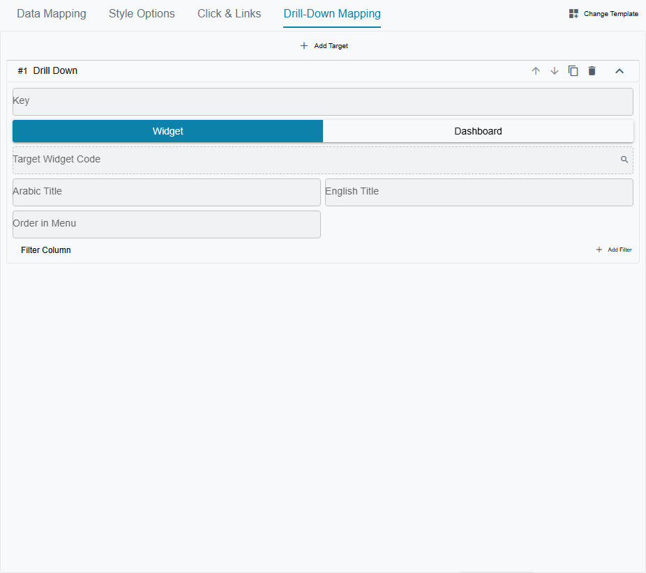 The Drill-Down Mapping tab with one target expanded: its key, a Widget/Dashboard toggle set to Widget, the target widget code, Arabic and English title fields, the order in the menu, and a filter column list