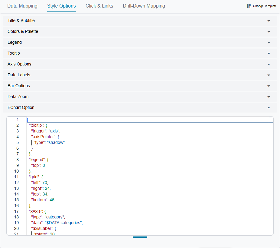 The EChart Option section expanded into a syntax-highlighted JSON editor showing the raw ECharts option, including the $DATA.categories data placeholder