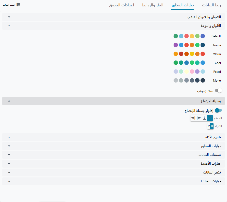 تبويب Style Options مع فتح قسم الألوان واللوحات لعرض ستة صفوف من عيّنات الألوان المسمّاة (Default ونما وWarm وCool وPastel وMono) ومفتاح أنماط الزخرفة، وقسم المفسّر (Legend) مفتوحاً بتحكمات الإظهار والموضع والاتجاه