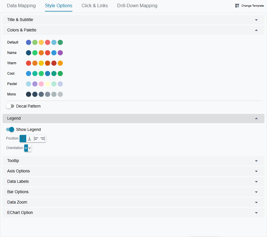 The Style Options tab with Colors & Palette expanded to show six named swatch rows (Default, Nama, Warm, Cool, Pastel, Mono) and a decal-pattern toggle, and Legend expanded with its show, position and orientation controls