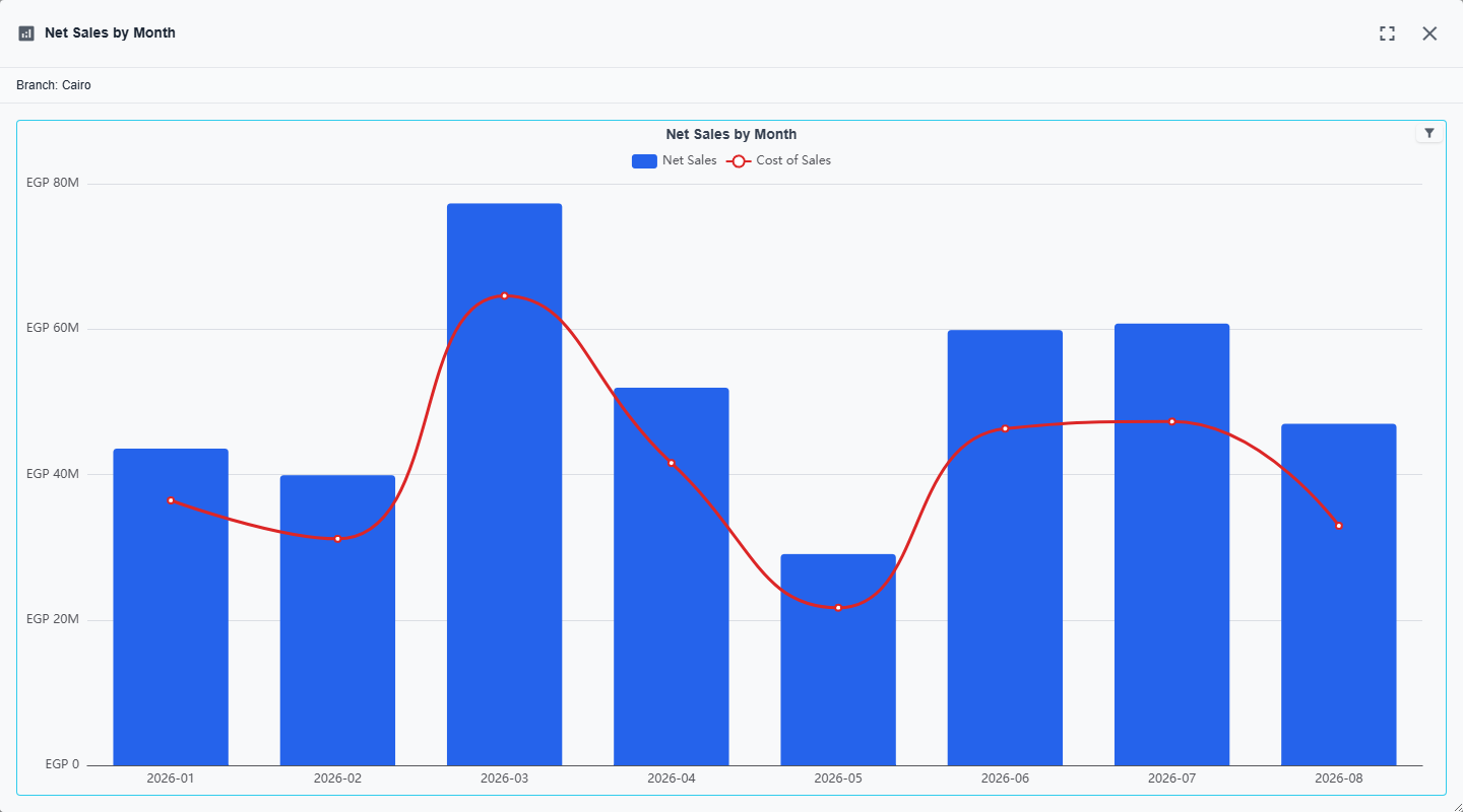 The drill-down popup showing the Net Sales by Month chart filtered to a single branch, with the breadcrumb "Branch: Cairo" above it