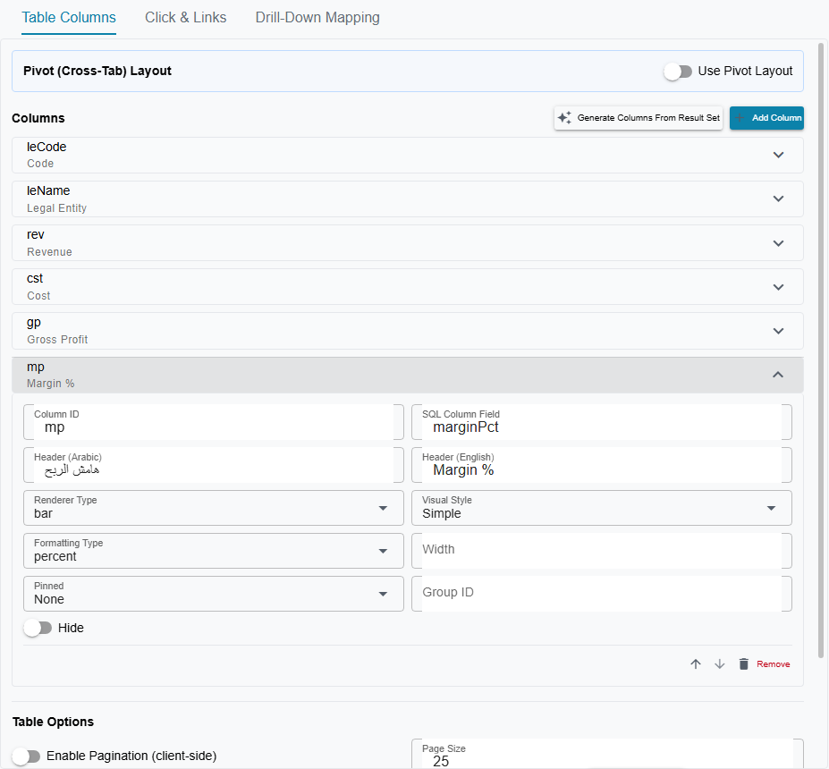 The Table Columns tab: the Use Pivot Layout toggle, the Generate Columns From Result Set and Add Column buttons, six column rows, and one expanded row showing its column id, SQL field, Arabic and English headers, a bar renderer, percent formatting, and the pinned and hidden flags