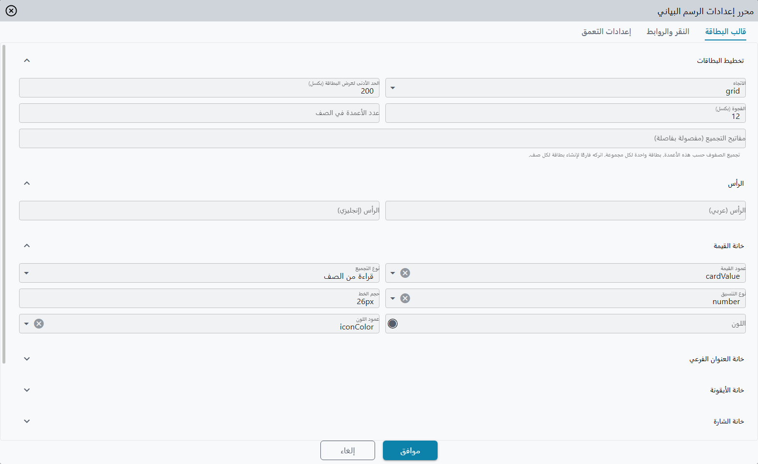 مصمم بطاقات المؤشرات على تبويب Card Template، مع فتح أقسام تخطيط البطاقة (الاتجاه، أقل عرض، الفراغ، عدد الأعمدة في الصف، مفاتيح التقسيم) والرأس وفتحة القيمة (الحقل، التجميع، التنسيق، حجم الخط، حقل اللون) وبقية الفتحات مطوية