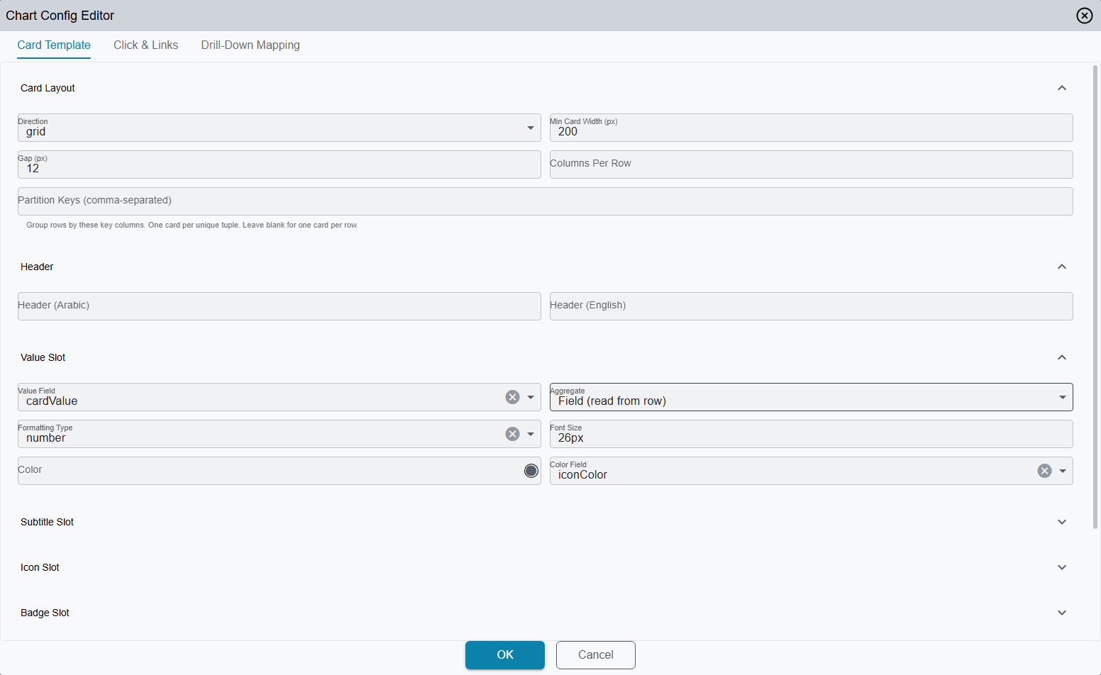 The metrics-card designer on its Card Template tab, with Card Layout (direction, minimum width, gap, columns per row, partition keys), Header, and Value Slot (field, aggregate, formatting, font size, colour field) expanded and the remaining slots collapsed