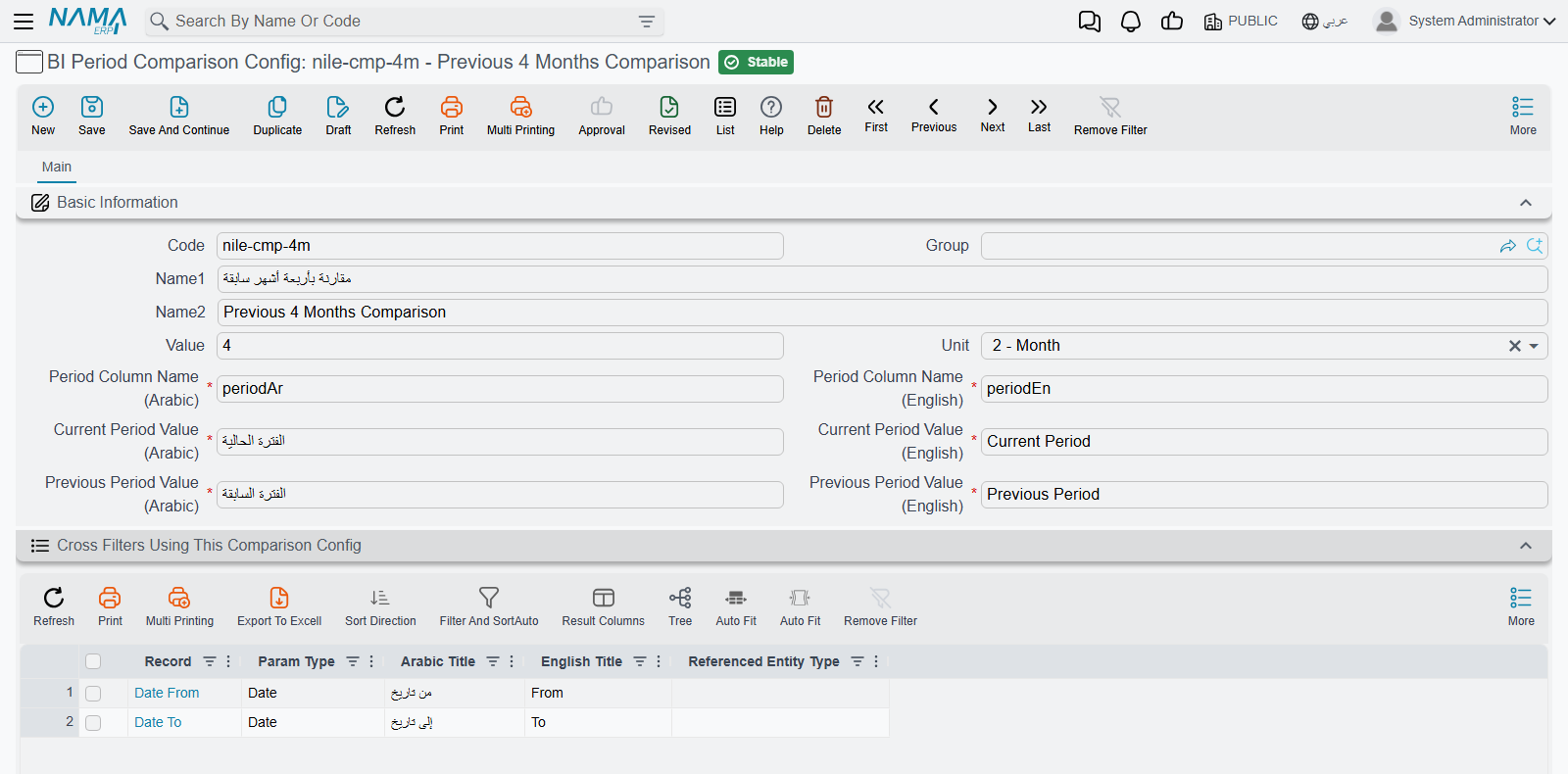 The period comparison configuration record: a four-month subtracted period, the injected period column names, the four period labels, and the list of cross filters using it