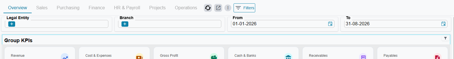 The executive dashboard's seven-tab strip with Overview selected, sharing its row with the Refresh, Open Dashboard, View Options and Filters buttons, and the slicers and KPI cards beneath