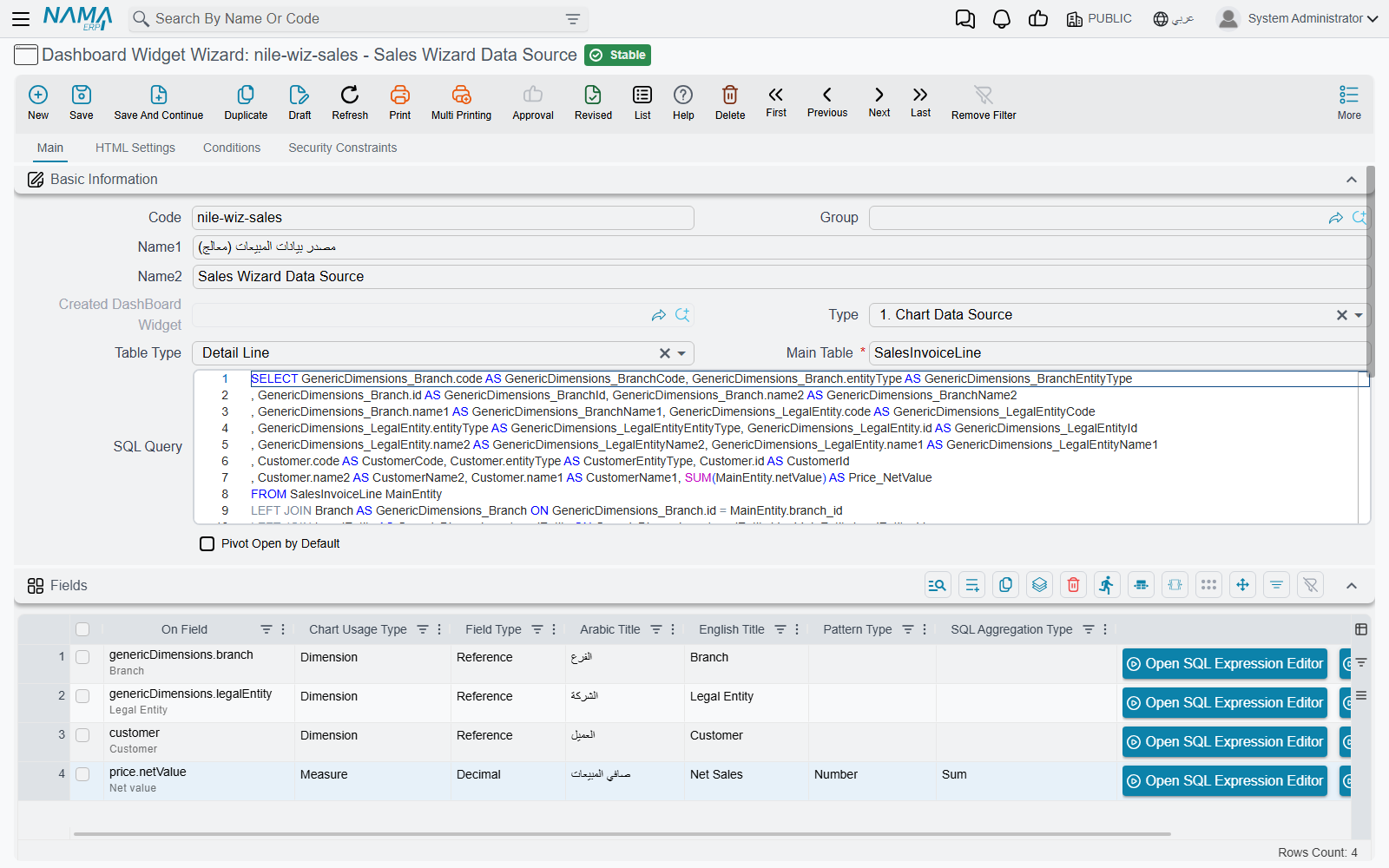 The Dashboard Widget Wizard record for the sales data source: the main table SalesInvoiceLine, the generated SQL query, and a Fields grid whose lines show each field id, its Dimension or Measure usage, and the Sum aggregation on the measure