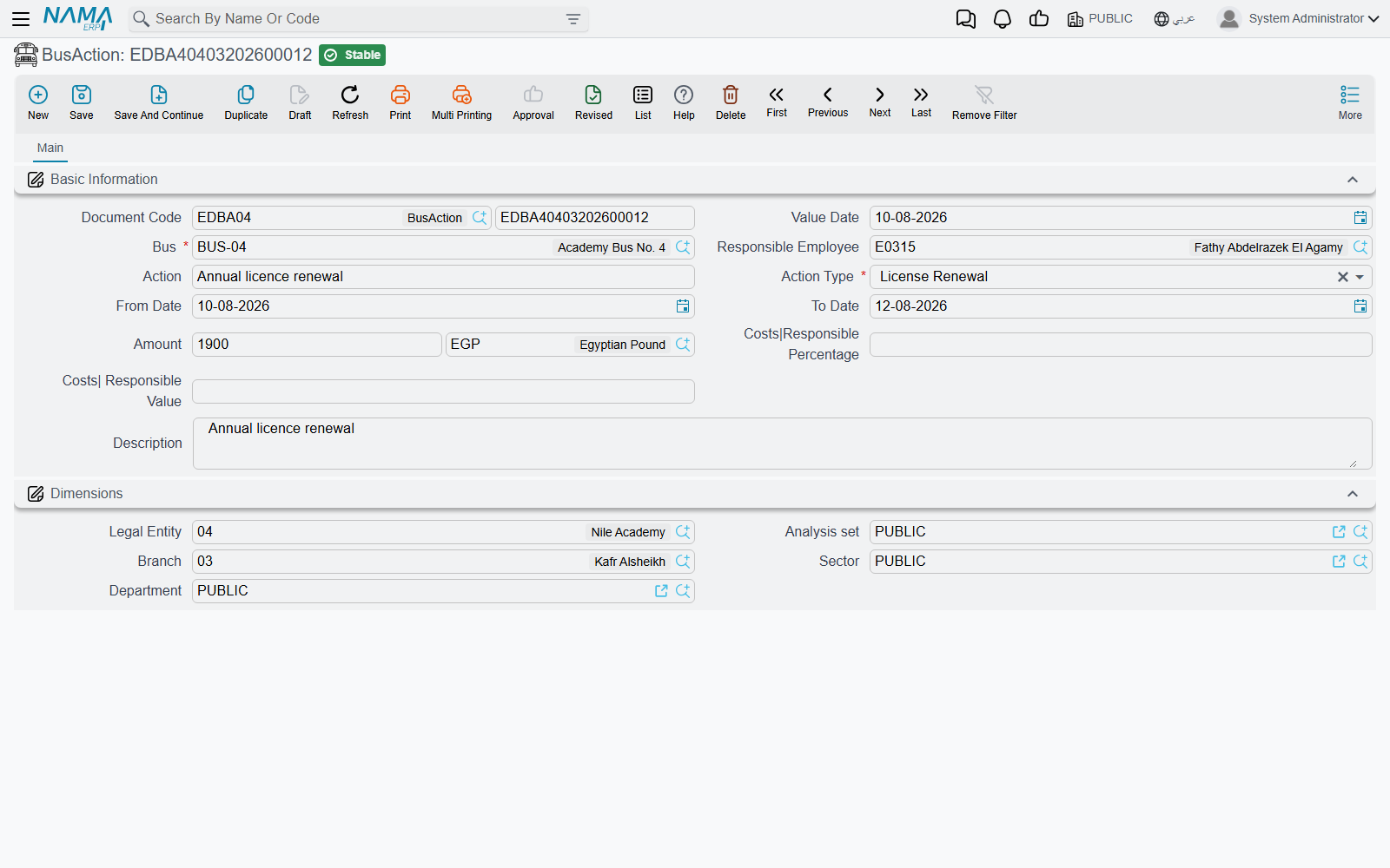 Bus Action — one event on one bus, with its action type, dates, amount and description
