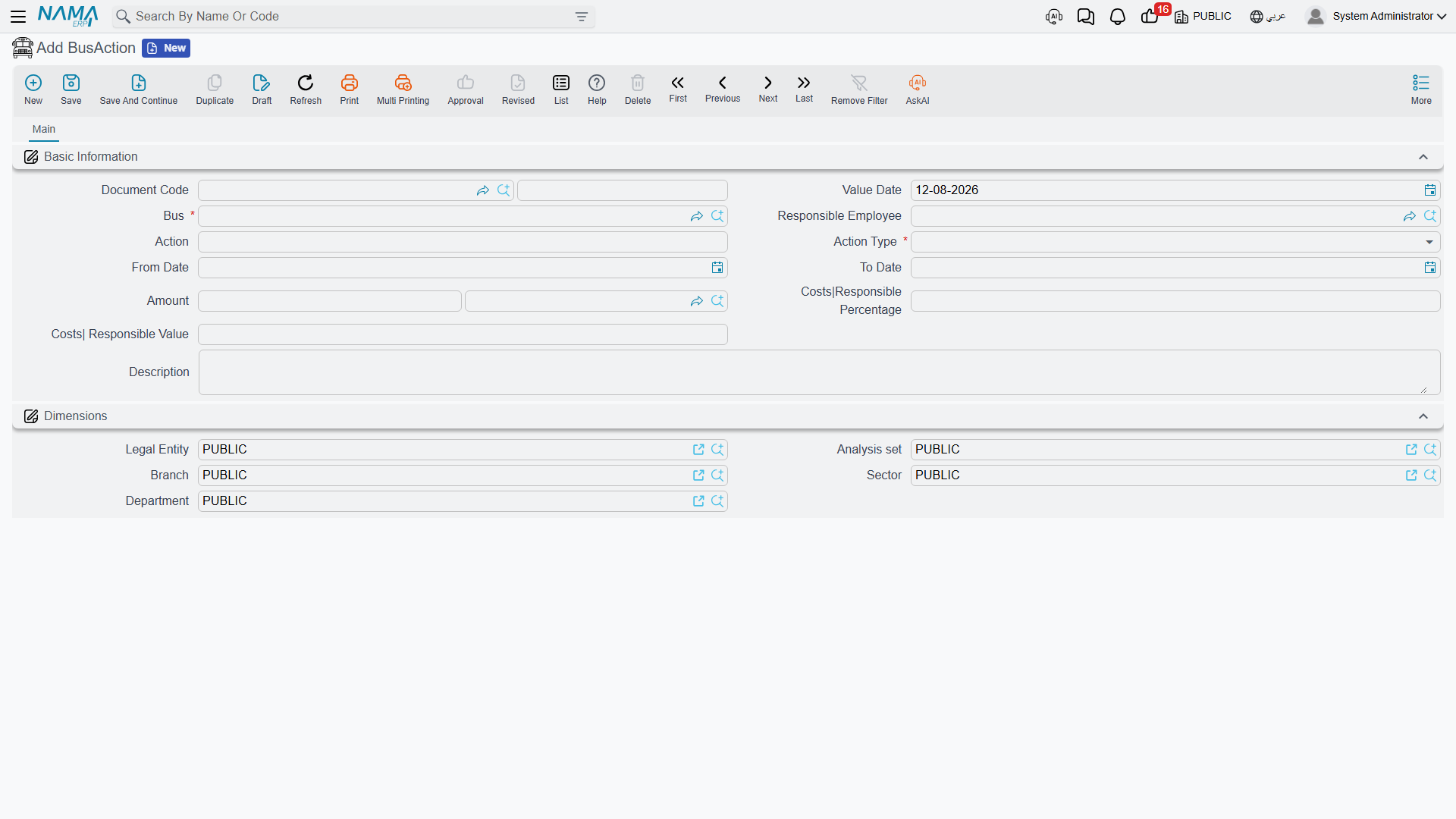 Bus Action — one event on one bus, with its action type, dates, amount and description