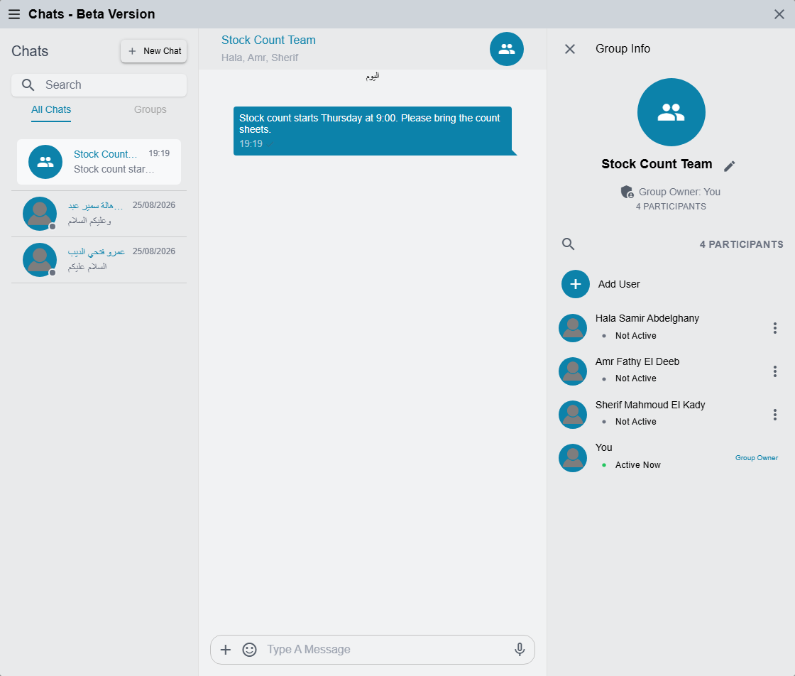 The chat window with a group open and the Group Info panel