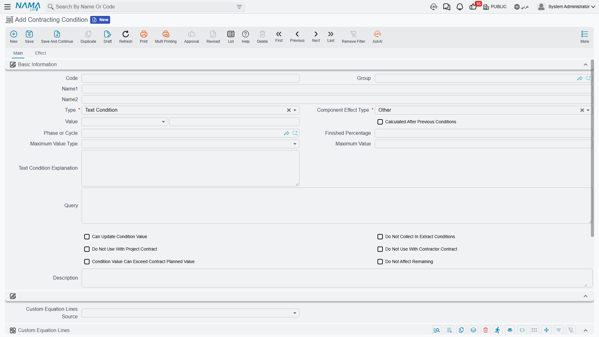 The Contracting Condition screen: type, value, ceiling and the flags that govern collection