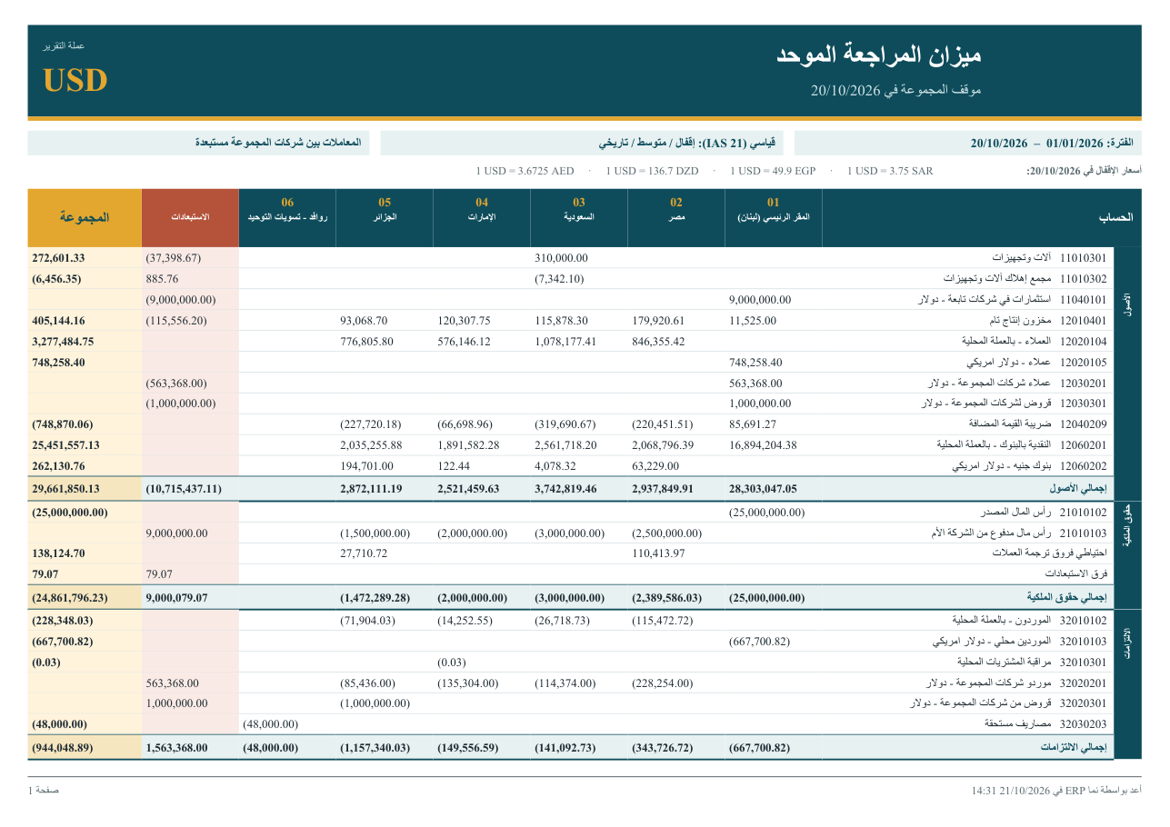 ميزان المراجعة الموحد: عمود لكل شركة، ثم الاستبعادات والمجموعة