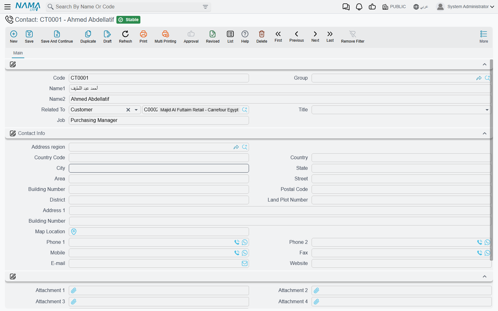A contact record: identity, who it is related to, and how to reach them