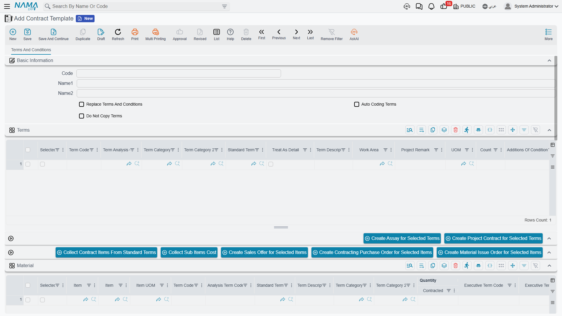 The Contract Template screen: the terms and conditions grids with the four cost grids beneath them
