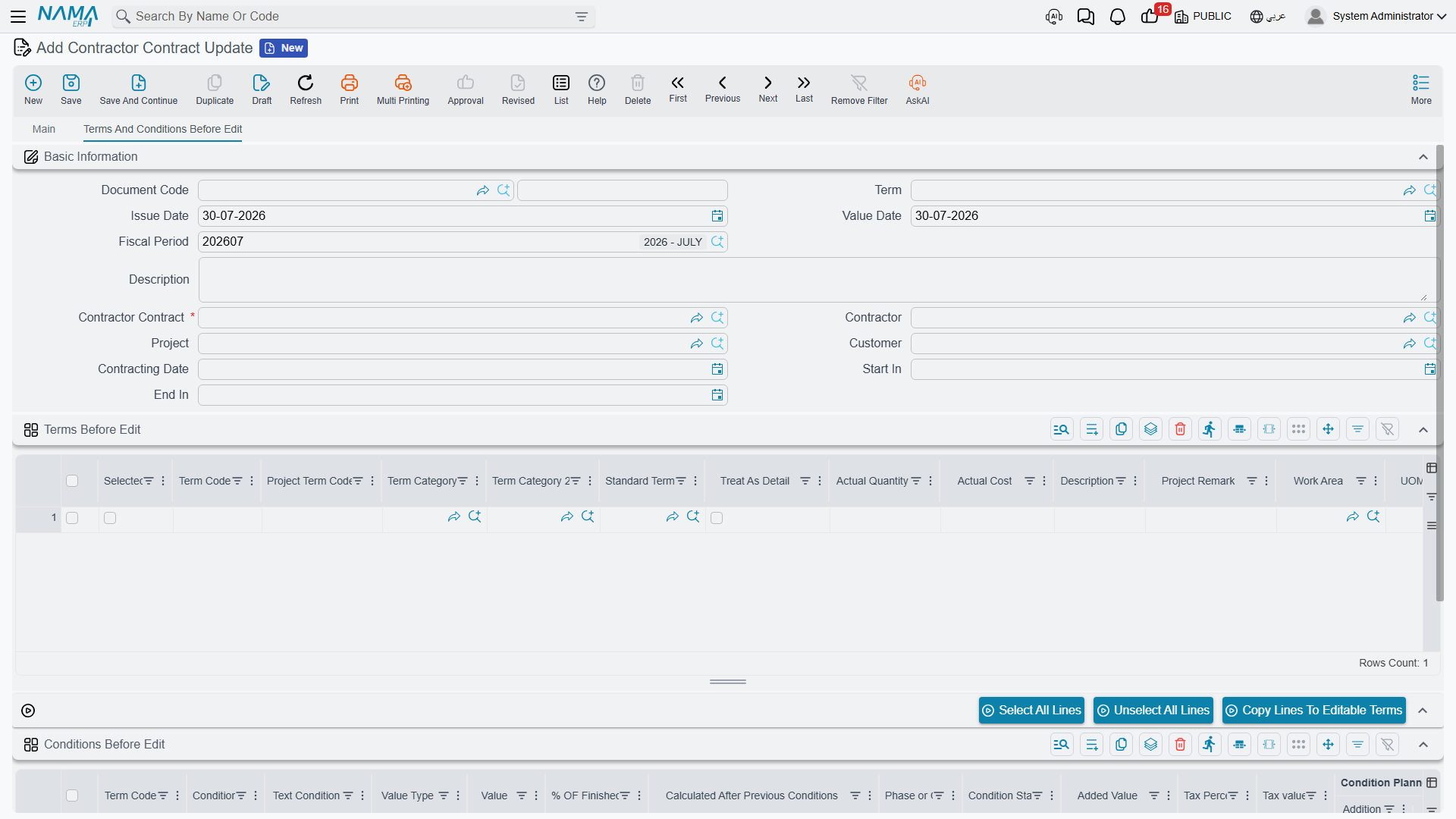 The Terms and Conditions Before Edit page: the snapshotted term and condition lines you tick and copy into the editable grids, and the same rows the subcontract is restored from if the update is cancelled