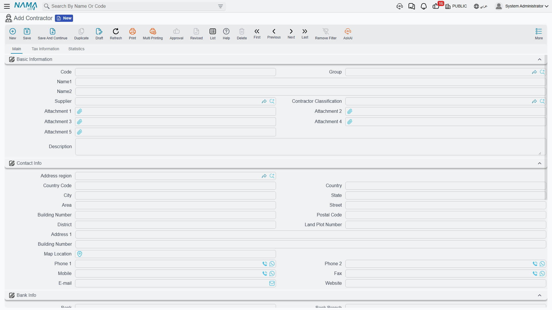 The Contractor screen: identity and supplier link, contact and bank details, and the accounts block