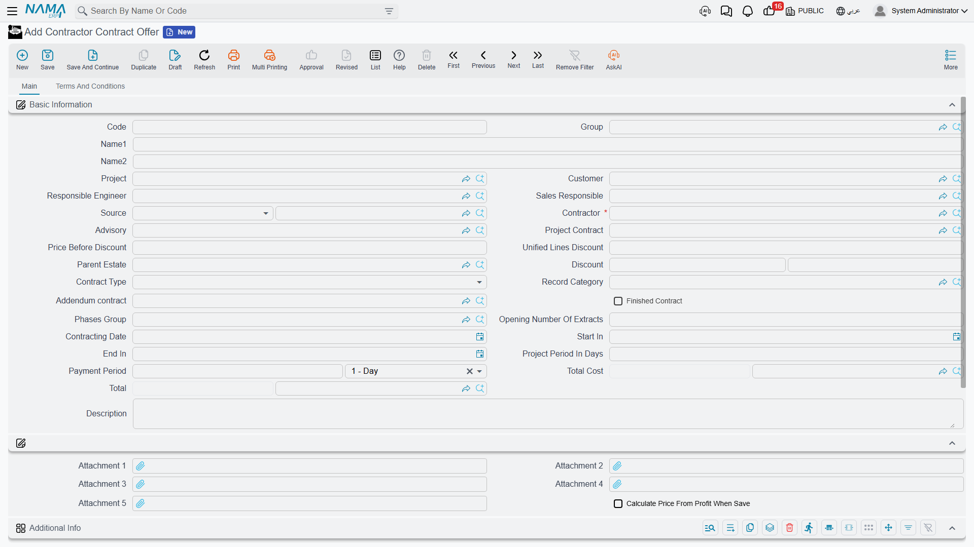 The subcontractor offer screen: the header identifying the contractor, the project and the client contract