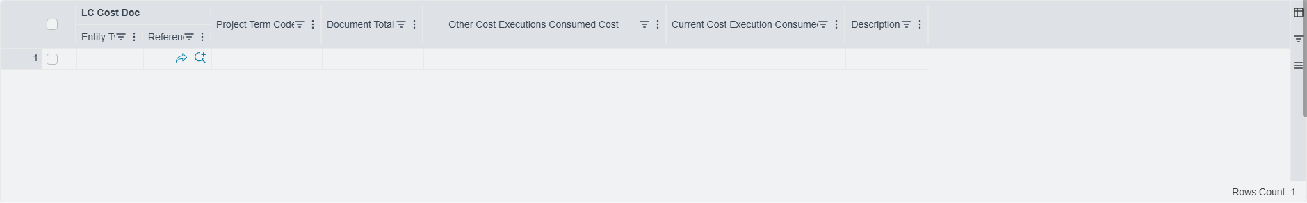 The seven cost-origin columns on an execution line: materials, invoices, subcontractors, workers, fines, salaries, depreciations
