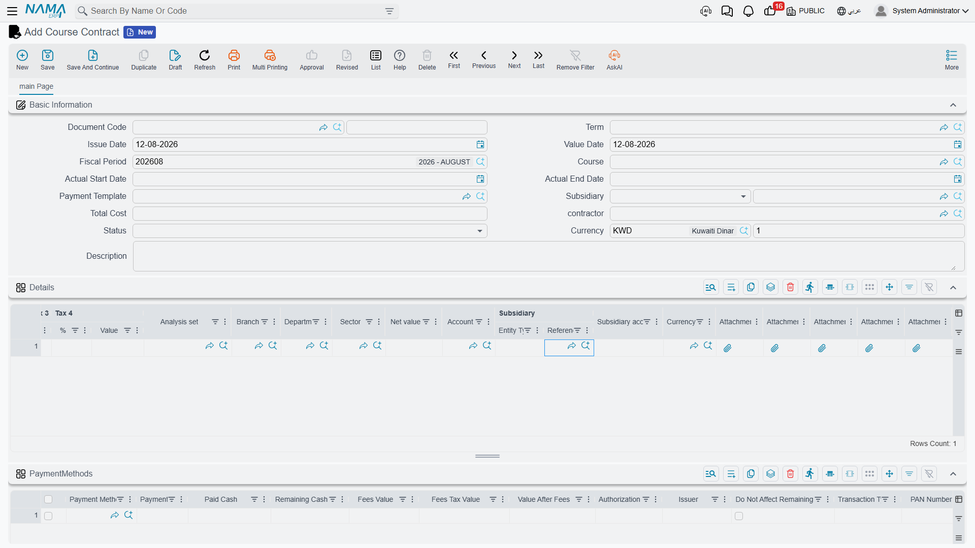 The Details grid scrolled across: tax, dimension, Net value, Account and Subsidiary columns