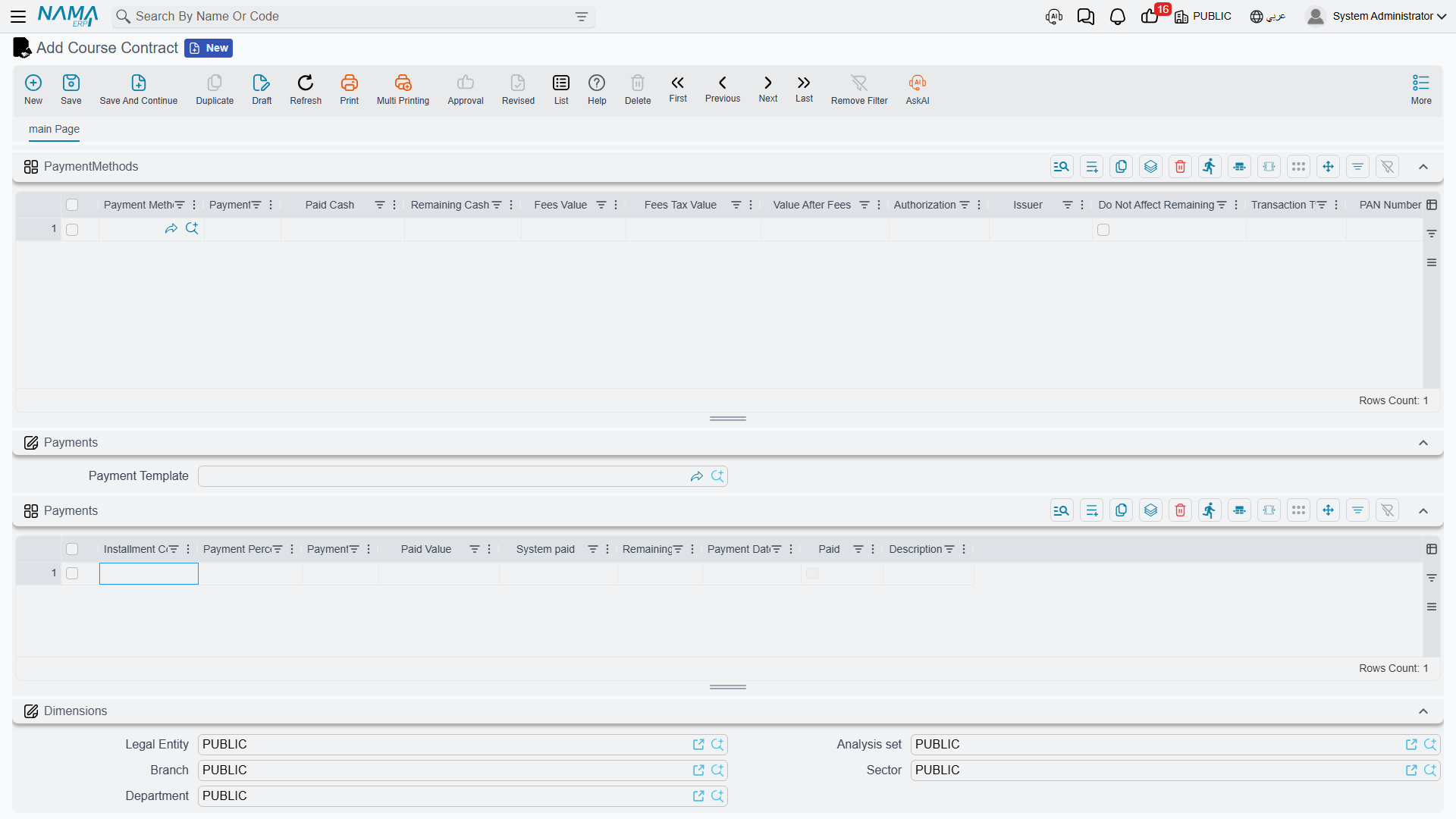 The lower half of the contract screen: the Payment Methods grid above the Payments grid that holds the instalment plan