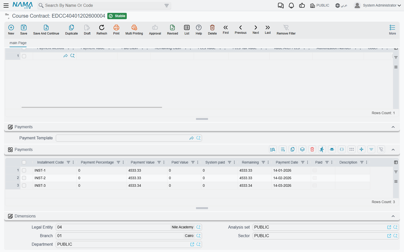 The lower half of the contract screen: the Payment Methods grid above the Payments grid that holds the instalment plan