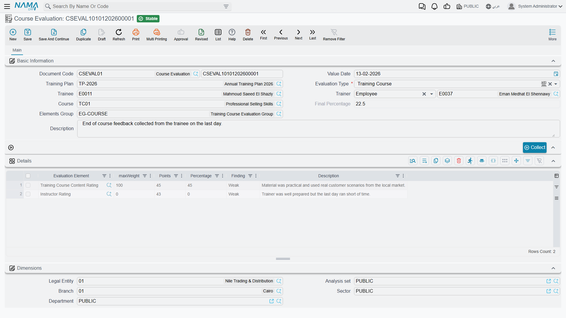 Course Evaluation, with the Evaluation Type, Collect button, and scored Details grid