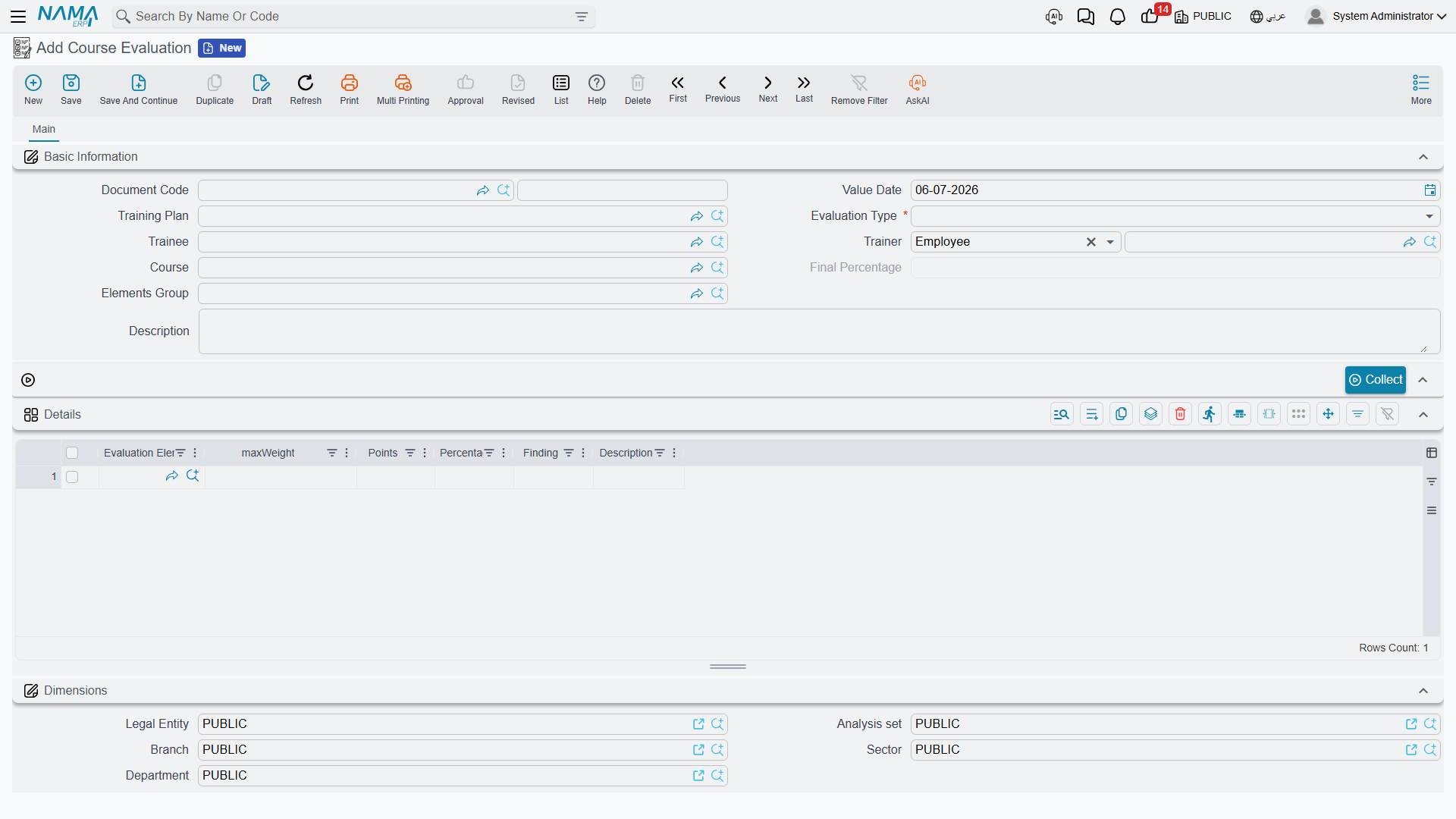 Course Evaluation, with the Evaluation Type, Collect button, and scored Details grid