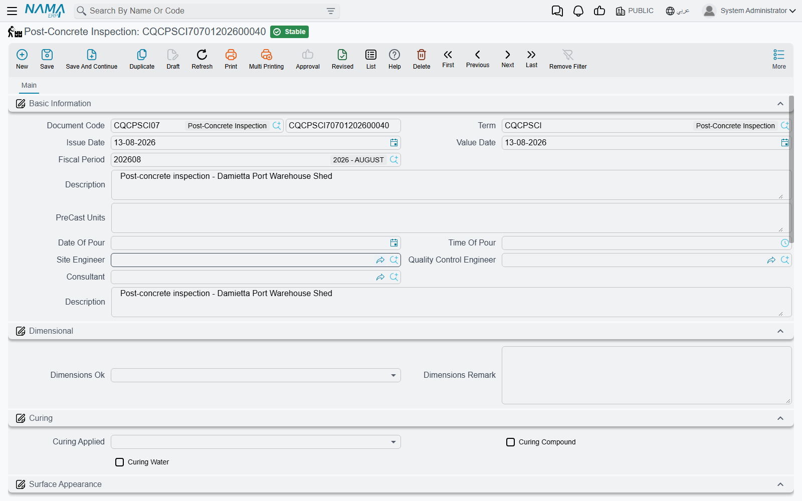 The Post-Concrete Inspection: fixed questions in themed groups, each with its own remark box, and no grid