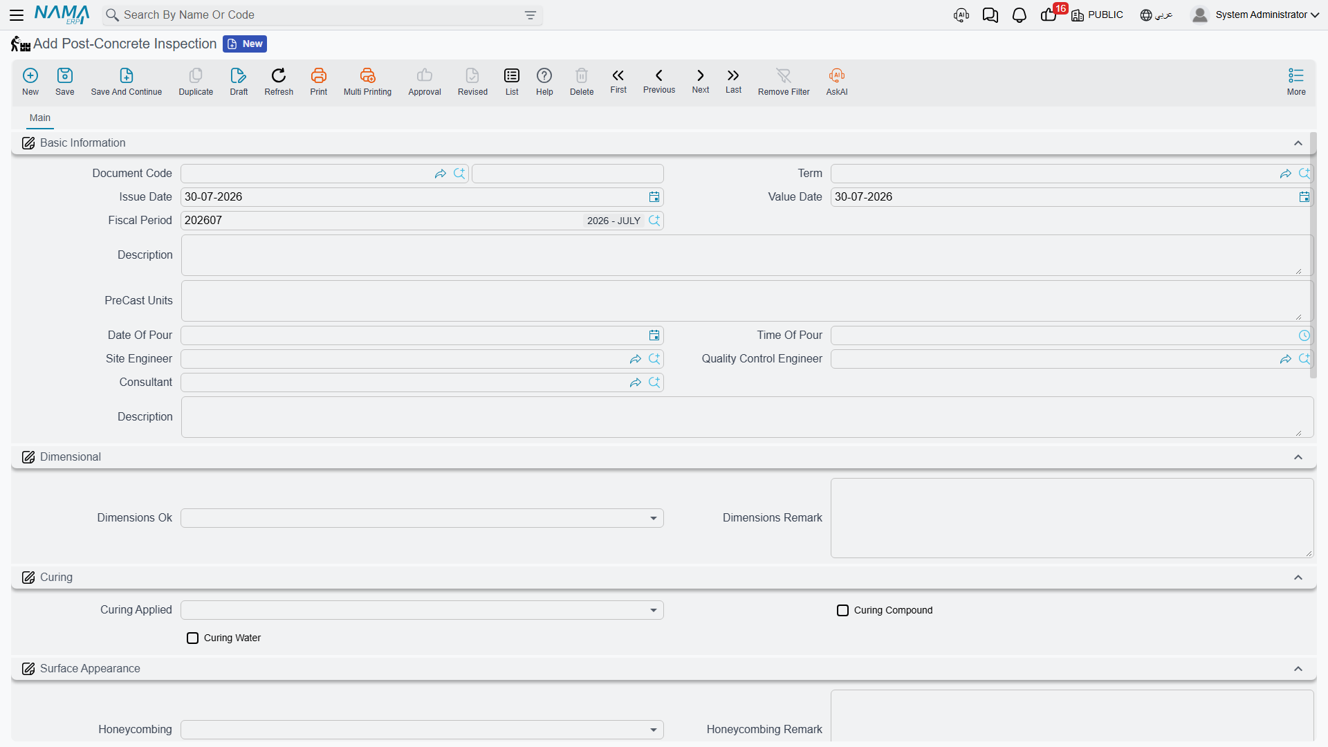 The Post-Concrete Inspection: fixed questions in themed groups, each with its own remark box, and no grid